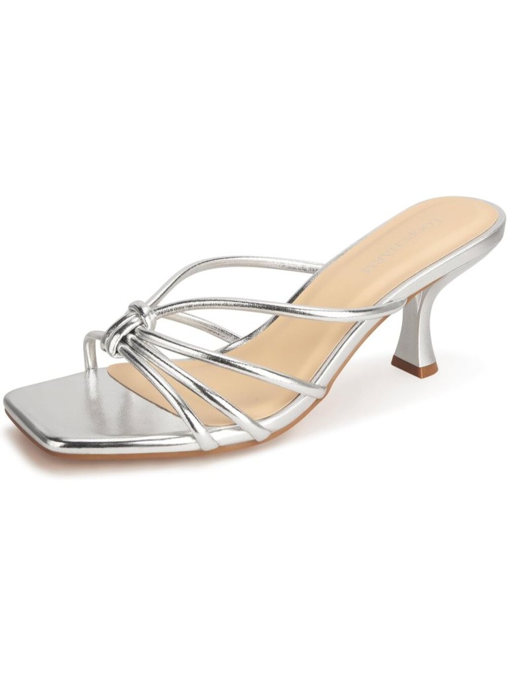 Women's Silver Pu Strappy Square Open Toe Kitten Heels Sandals Knotted Design
